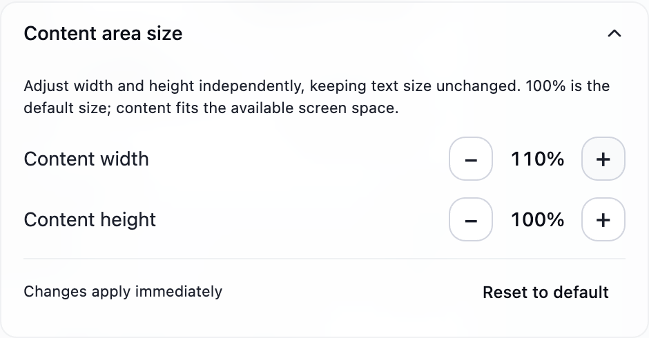 Content area size in Advanced Settings: adjust width and height separately or reset to defaults