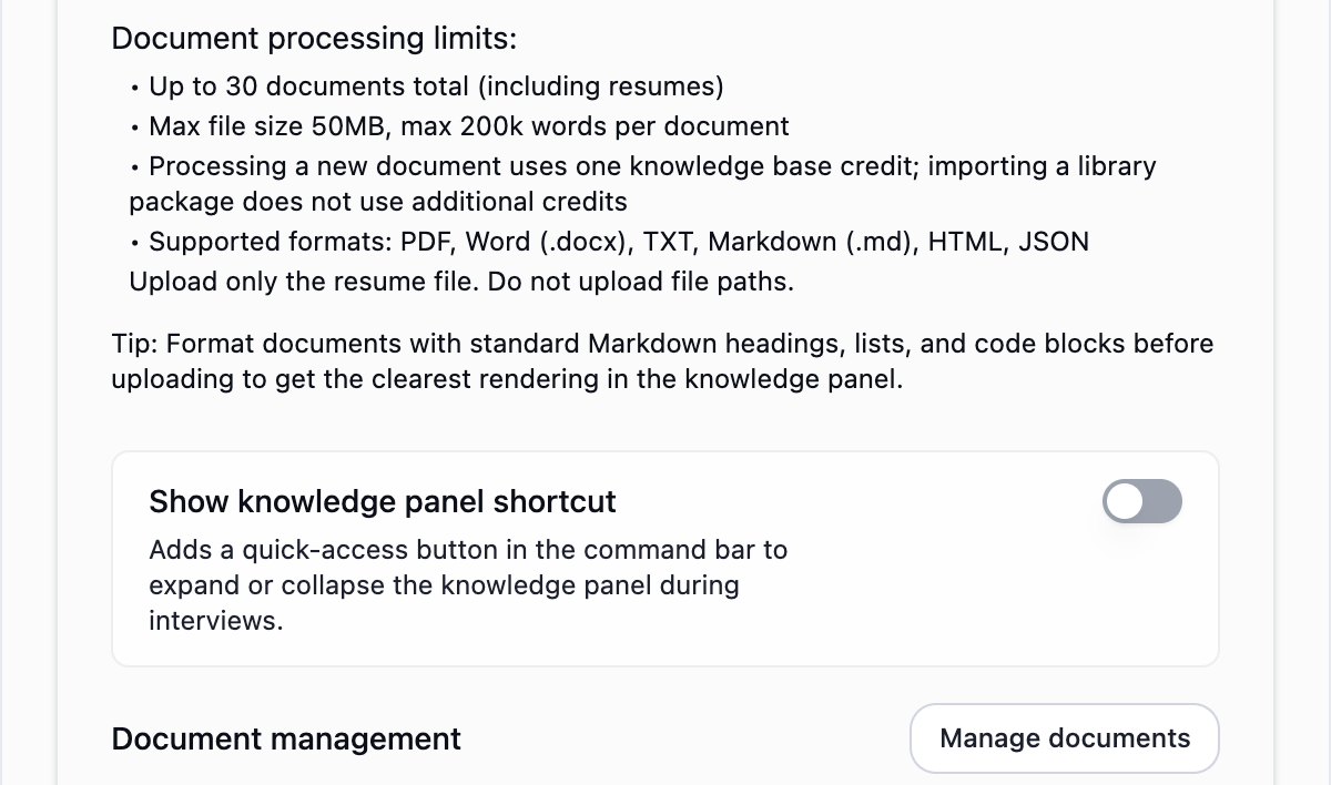 Turn on Show knowledge panel shortcut